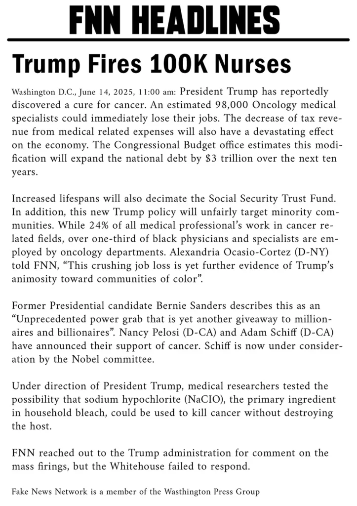 fake news headline, trump cures cancer