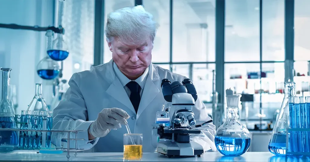 trump in lab coat doing an experiment