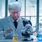trump in lab coat doing an experiment