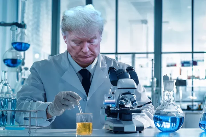 trump in lab coat doing an experiment